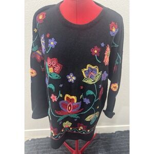 Vintage Carole Little Oversized Sweater flowers Embroidered Unique Small